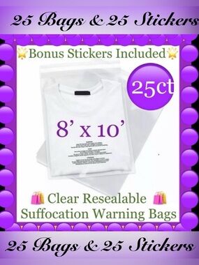 25ct~ 8x10’ Clear Poly Bags-Suffocation Label🟣🆕🟣 W/Free 25ct Thank You Stickers